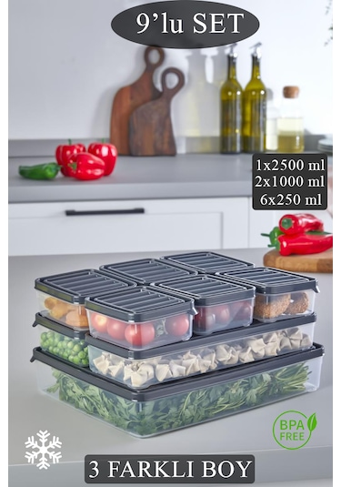9'lu Set Buzdolabı Organizeri 1x2500ml, 2x1000ml, 6x250ml