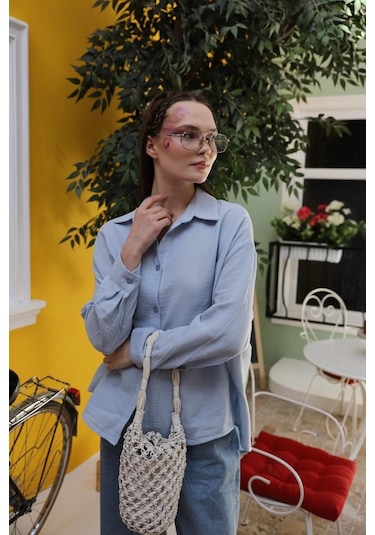 Müslin Uzun Kol Gömlek - Bebe Mavisi Karışık