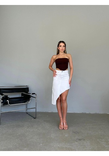 Shevega Kadın Beyaz Etek Püskül Asimetrik Kesim Keten Etek Beyaz