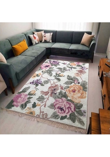 Çiçek Kaymaz Tabanlı Yıkanabilir Halı Kilim Yolluk Pembe Yeşil Pembe