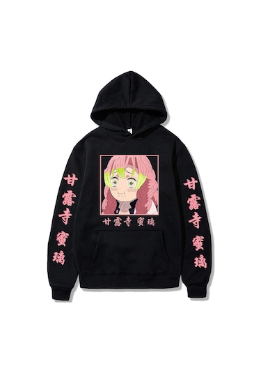 Manga Demon Slayer Hoodies Kimetsu No Yaiba Anime Harajuku Sevimli Kanroji Mitsuri Loog Kollu Kazak Kapşonlu Siyah