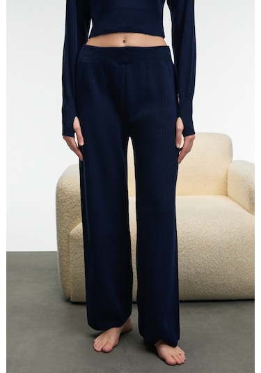 Grımelange Marıposa Kadın Yuvarlak Yaka Çizgi Desenli Crop Geniş Paça Triko Lacivert Alt-üst Takım Lacivert