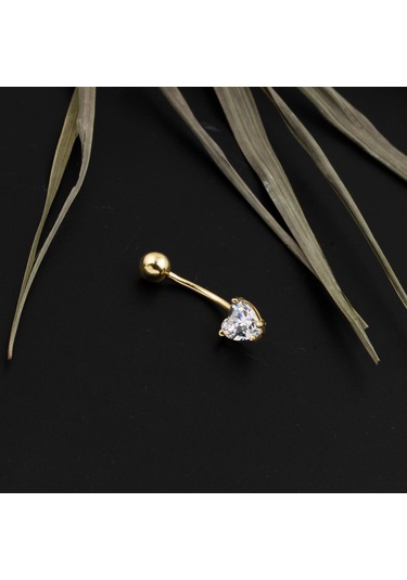 Kalp Tektaşlı Altın Göbek Piercing 14 Ayar Sarı
