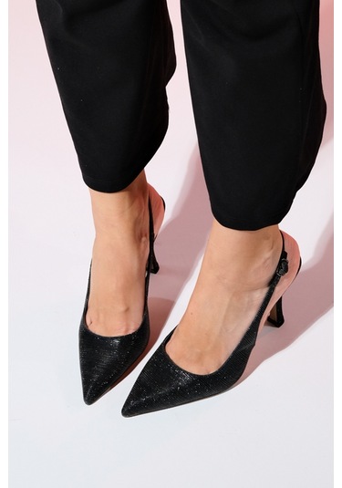 Luvishoes Andes Siyah Çizgili Kadın Sivri Burun Arkası Açık Yüksek Topuklu Ayakkabı Siyah