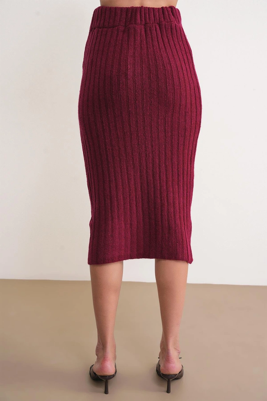 6929 Kadın Fitilli Triko Etek Bordo Bordo