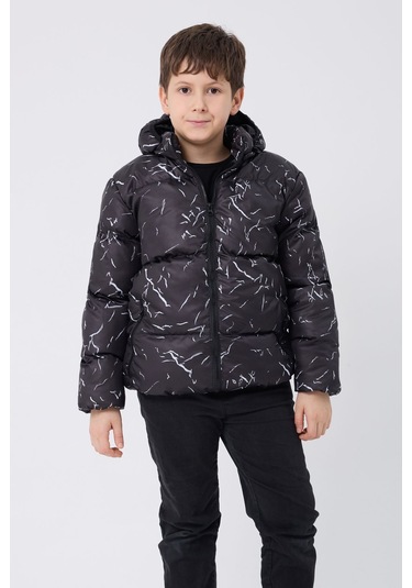 Erkek Çocuk Siyah Çıkabilir Kapüşonlu Su Ve Rüzgar Geçirmez Cepli Kışlık Şişme Mont & Kaban & Parka Siyah