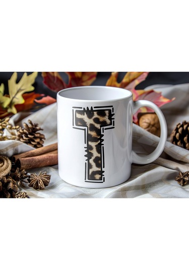 T Baş Harf Leopar Desenli Kupa Bardak - Kişiye Özel Feminen Konsept Hediye - Vahşi Hayvan Desenli Beyaz
