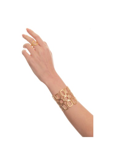 Kadın Mat Altın Kaplama Dikdörtgen Formlu Tasarım Bileklik & Yüzük Seti Altın