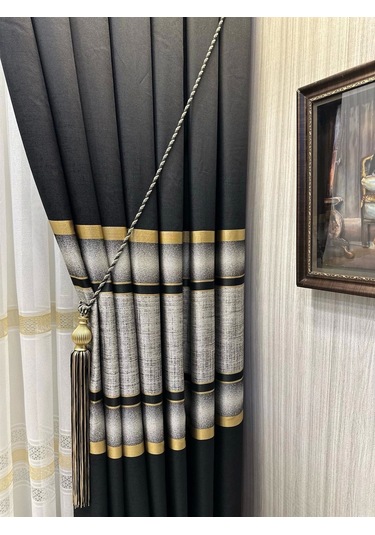 Nivemeshome Melanezya Siyah- Gold Şeritli 1/3 Sık Pileli Fon Perde Apm Siyah- Gold