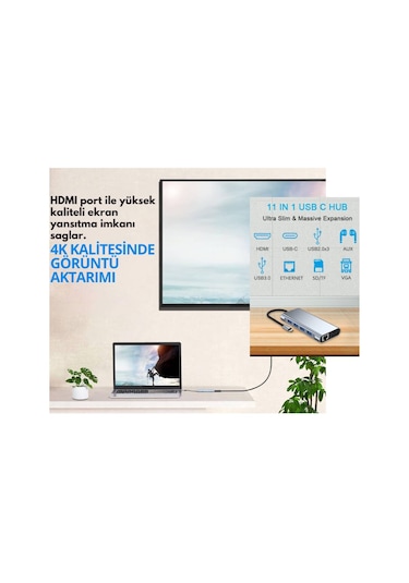 Alfalink Type-c To Usb 11in1 Çevirici Çoğaltıcı Hub Adaptör Lan+type-c+sd Card+usbx4+audio+hdmı+vga
