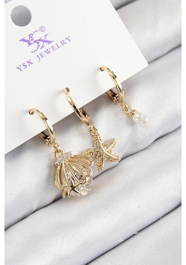 Pirinç Zirkon Taşlı 3'lü İstiridye Ve Yıldız Model Gold Renk Kadın Küpe Çok Renkli