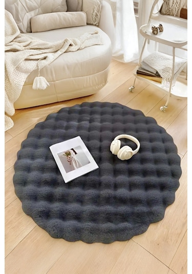 Bubble Yuvarlak Antrasit Uzun Tüylü Yumuşak Peluş Kaymaz Yıkanabilir Salon Oturma Odası Balkon Halı