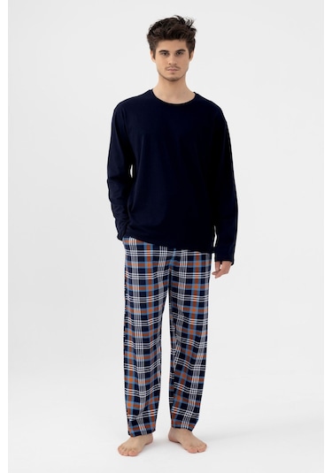 Erkek Pamuklu Uzun Kollu Ekose Desenli Pijama Takımı Ko60110 Turuncu