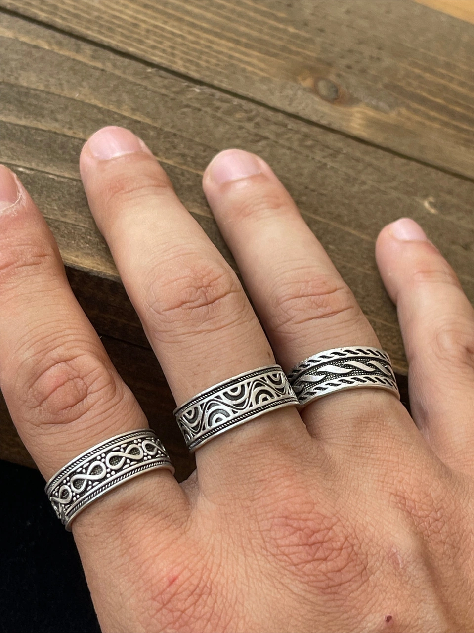 Ayarlanabilir Ölçü 925 Ayar Gümüş Kaplama Klasik Desen İşçilikli 3lü Tasarım Yüzük Pembe - Mor