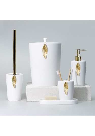By Selim Home Leaf Polyester 5 Parça Banyo Seti Beyaz - Altın Beyaz
