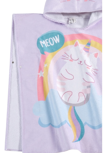 Meow Desen Çocuk Panço Plaj Havlusu Lila