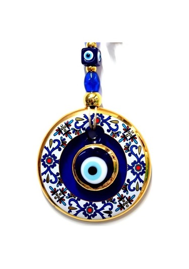 Çini Desenli Nazar Boncuklu Duvar Süsü, Cam El İşçiliği Hediyelik Eşya Altın Yaldızlı Nazar Boncuğu