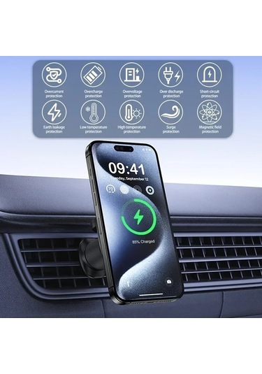 Gateesat Alynıc 15w Hızlı Manyetik Araç Şarj Standı 360 Derece Dönen Siyah Kablosuz Şarj İstasyonu