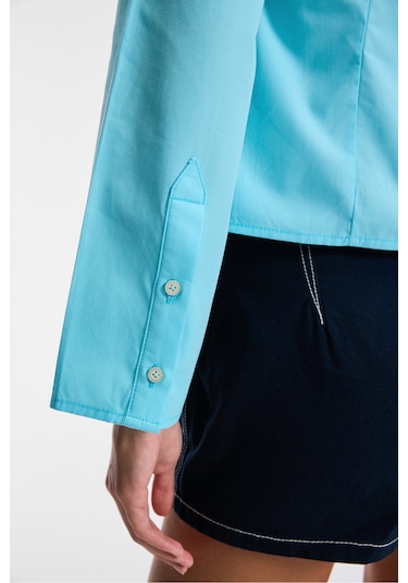 GRINNE Kadın Slim Gömlek Yaka Uzun Kollu İnce Uzun Mavi Gömlek