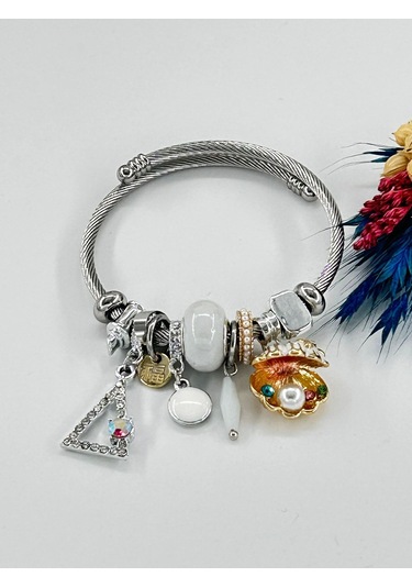 Bhs Life Kadın Charmlı Pembeli Beyaz İstiridye İncili Çelik Bileklik