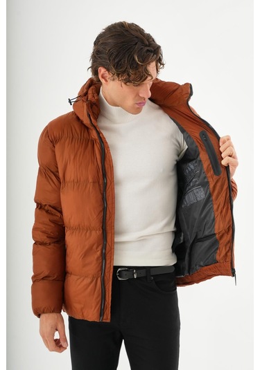 Erkek Kapüşonlu Fermuarlı Cepli Kışlık Şişme Kısa Mont KİREMİT