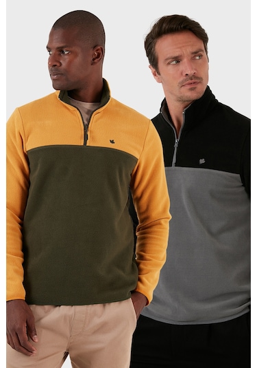 Buratti Regular Fit Anti-Pilling Tüylenme Yapmayan Dik Yaka Şardonlu 2'Li Paket Erkek Polar 5906016S2 Hardal-Siyah