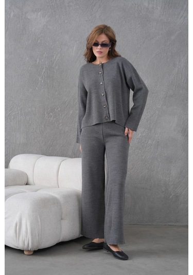 Kadın Bisiklet Yaka Düğme Kapama Kaşkorse Ceket Pantolon İkili Triko Takım Antrasit
