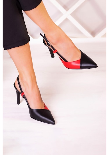 Erkan Saçmacı Sacha Siyah Kırmızı Arkası Açık İnce Topuklu Ayakkabı Siyah - Kırmızı