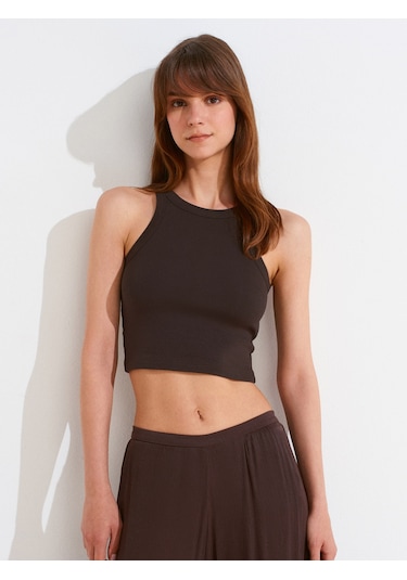 Dilvin 21104 Fitilli Crop Top-koyu Kahve Koyu Kahve