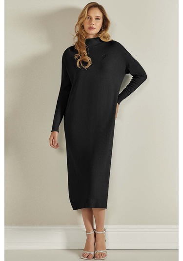 Balıkçı Yaka Siyah Triko Elbise Siyah