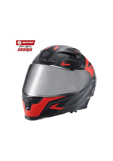 Scoyco FF-871 Gri Camlı Debris Güneş Vizörlü Kapalı Kask Mat Kırmızı - Siyah