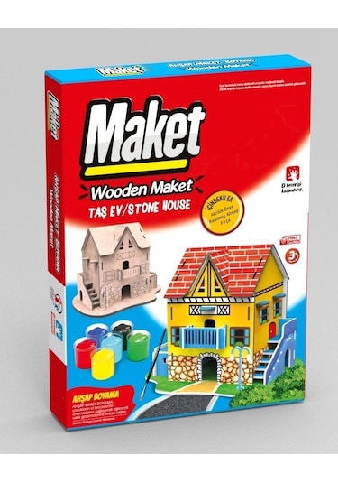 Ahşap Taş Ev Maket Boyama Seti, 6'lı Boya Ve Fırça Dahil