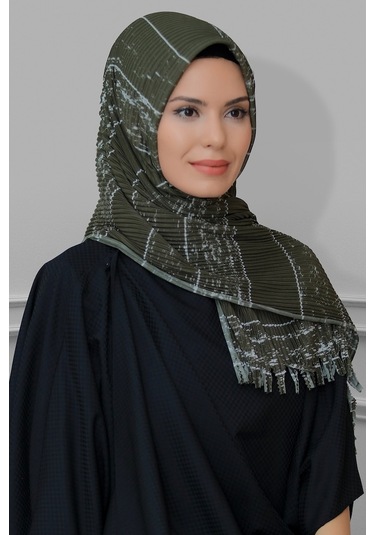 Haki Pratik Hazır Geçmeli Tesettür Eşarp Kesik Elyaf Piliseli Çiz Haki