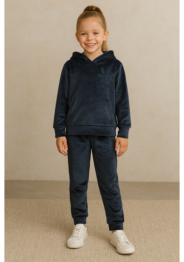 5-14 Yaş Flower Kadife Kız Çocuk Takımı İndigo Mavi İndigo Mavi