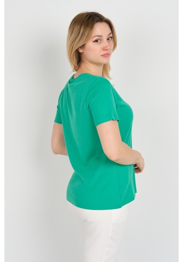 Ella Camelia Kadın Yakası Taş Ve Süs İşlemeli Kısa Kollu Pamuklu Bluz 24e002 Yeşil Yeşil