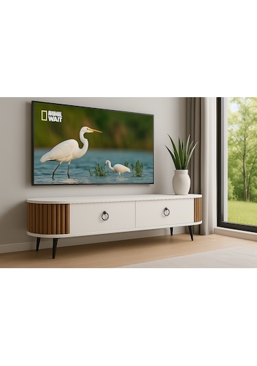 Tv Ünitesi Dekoratif Ayaklı 120 Cm Beyaz - Ceviz