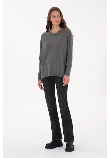 U.S. Polo Assn. Kadın Gri Melanj Bisiklet Yaka Basic Kazak 50313579-VR086
