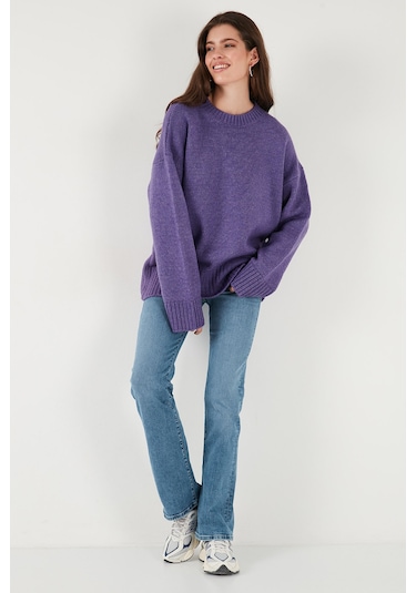 Lela Regular Fit Bisiklet Yaka Basic Triko Bayan Kazak 4616213 Mor