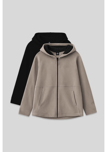 Standart Fit Kapüşonlu 2li Paket Siyah-koyu Bej Kız Çocuk Sweatshirt - 75152 Siyah - Antrasit
