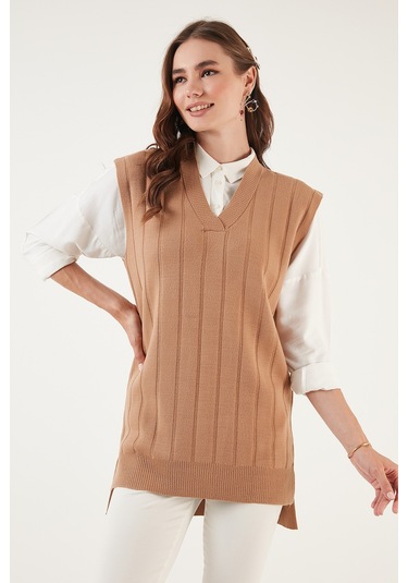 Lela V Yaka Uzun Triko Bayan Süveter 4616088 Camel