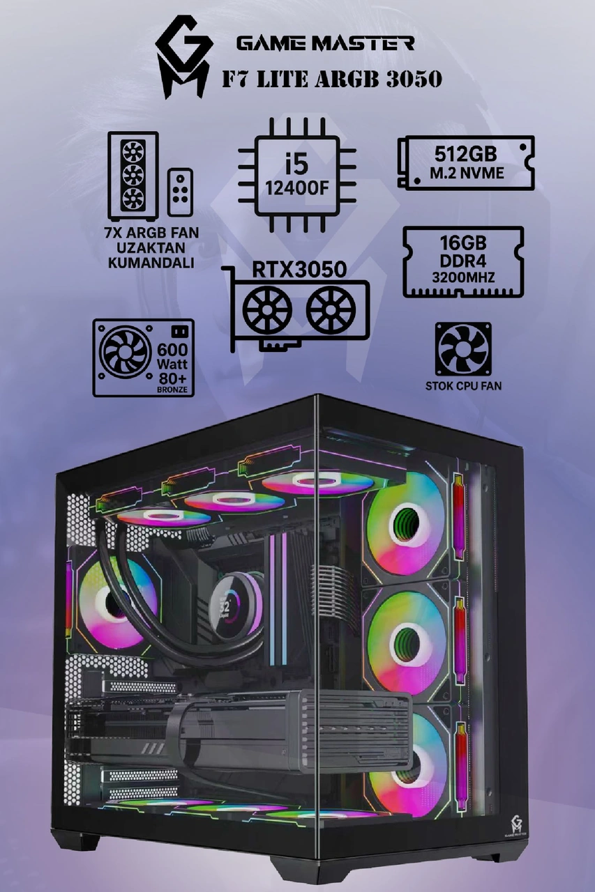 Game Master F7 Lite İ5-12400F 16 GB 512 GB RTX3050 Dos Masaüstü Oyuncu Bilgisayarı