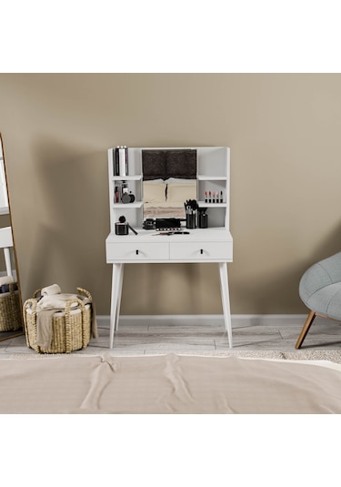 2200 Lucky Aynalı Ahşap Ayaklı 2 Çekmeceli 80 Cm Makyaj Masası