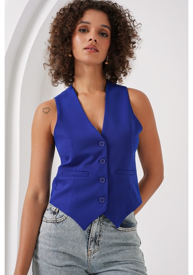 6796 Kısa Dokuma Yelek - Saks Saks