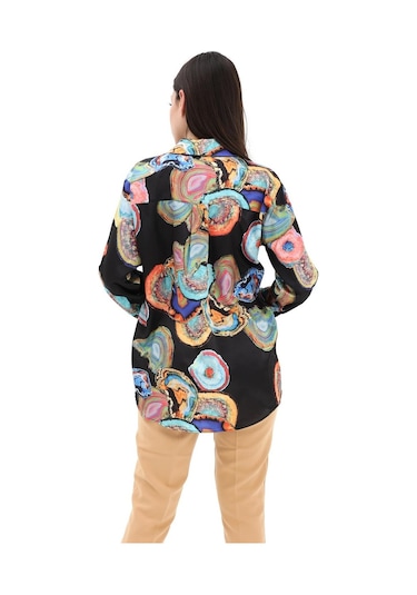 Desenli Saten Gömlek - Siyah-siyah Siyah