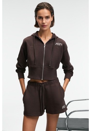 Grımelange Elara Kadın Metal Fermuarlı Nakışlı Kapüşonlu Crop Koyu Kahverengi Sweatshirt Koyu Kahverengi