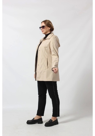 1616 Fermuarlı Cep Detaylı Kapuşonlu Bondit Ceket Açık Kapiçino Cappuccino