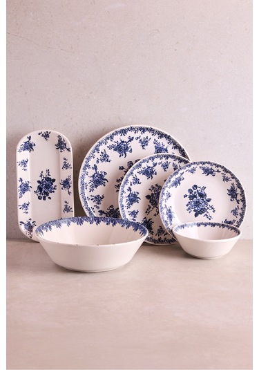 Antik Mavi 27 Parça 6 Kişilik Seramik Yemek Takımı Vintage Mavi Çiçekli Yuvarlak Servis Seti Mavı Mavi