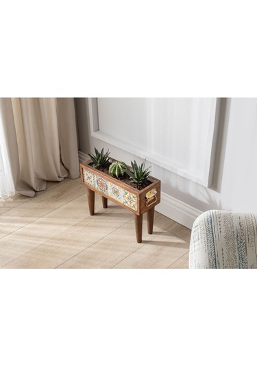 Halohope El Yapımı Ayaklı 4 Çinili Dekoratif Modern Ahşap Dikdörtgen Bahçe Balkon Saksı Saksılık Çiçeklik