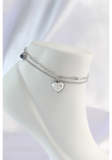 Zarif Kadın İçin Silver Çelik Beyaz Kalpli Çift Halhal Diğer