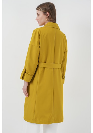 9104 Kruvaze Yaka Astarlı Trençkot - E.yeşil Yeşil